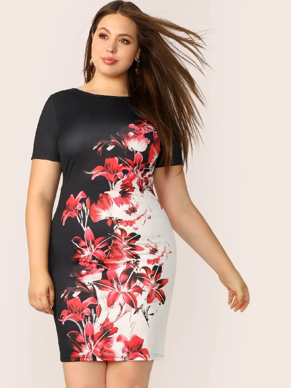 Plus Botanical Print Bodycon Dress White Bodycon Dress