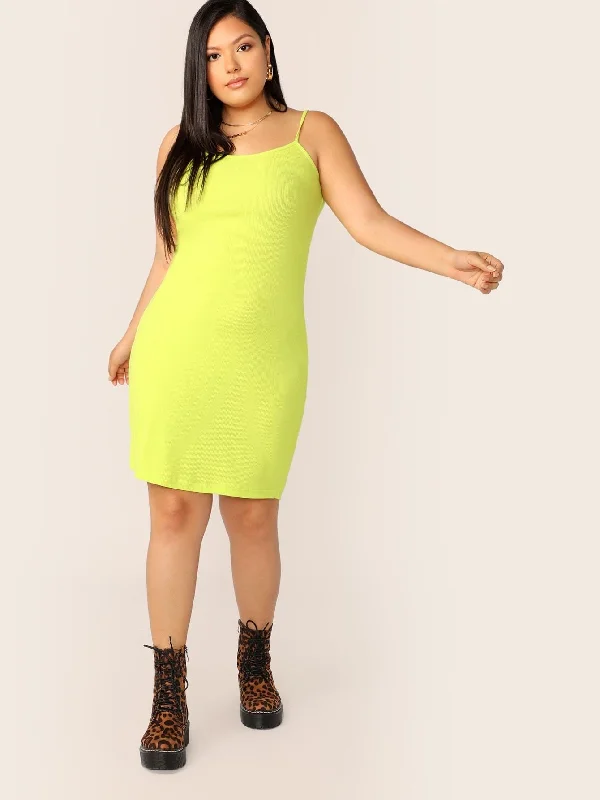 Plus Neon Yellow Rib-knit Bodycon Cami Dress Bold Bodycon Dress