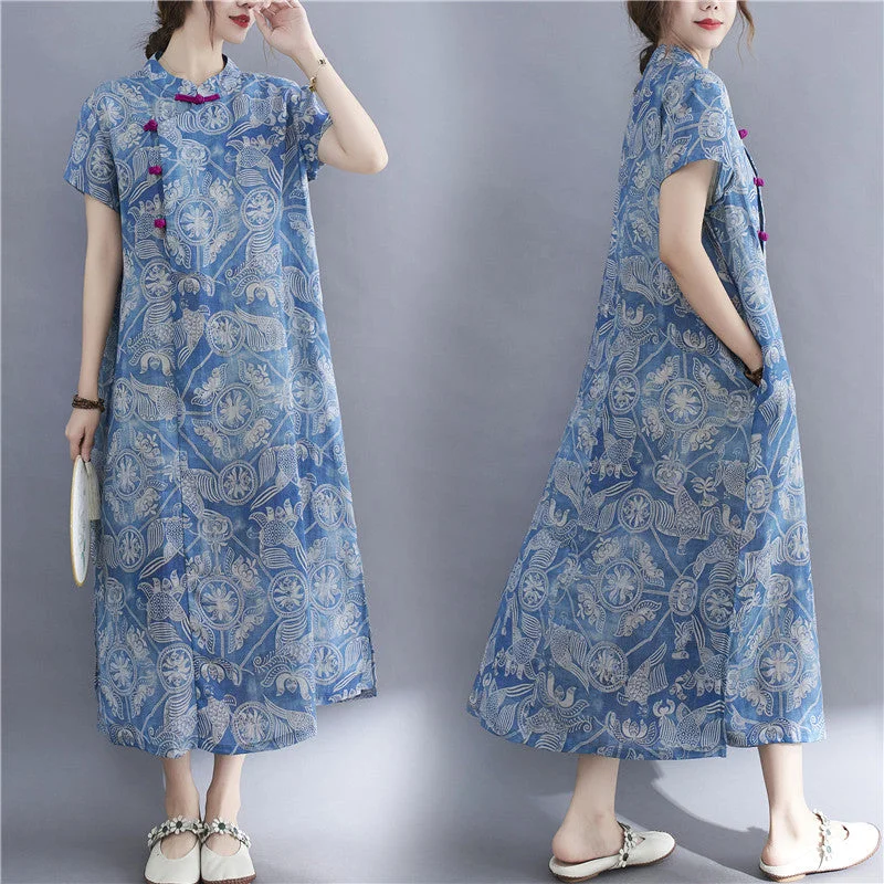 Plus Size Vintage Print Cheongsam Dress Plus Size Fit-and-flare