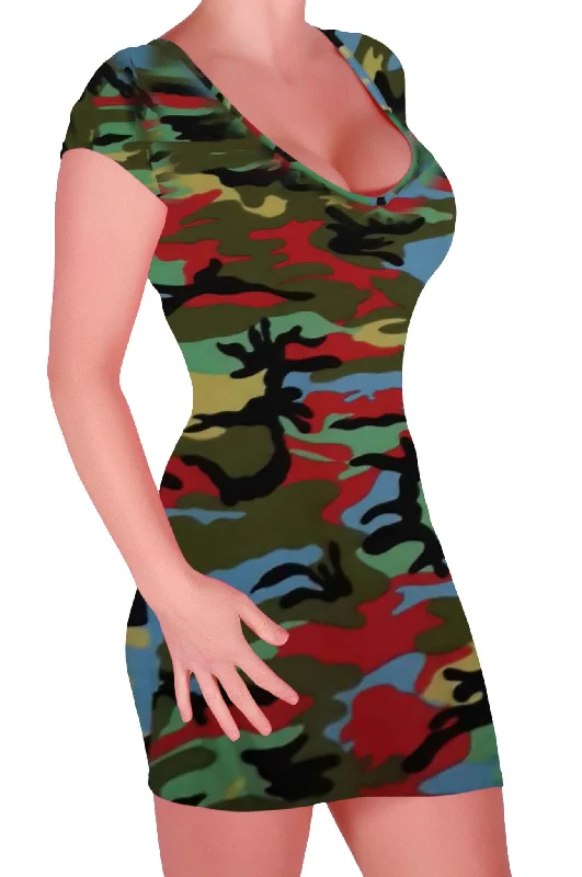 Jane V Neck Cap Sleeve Camouflage Bodycon White Bodycon Dress