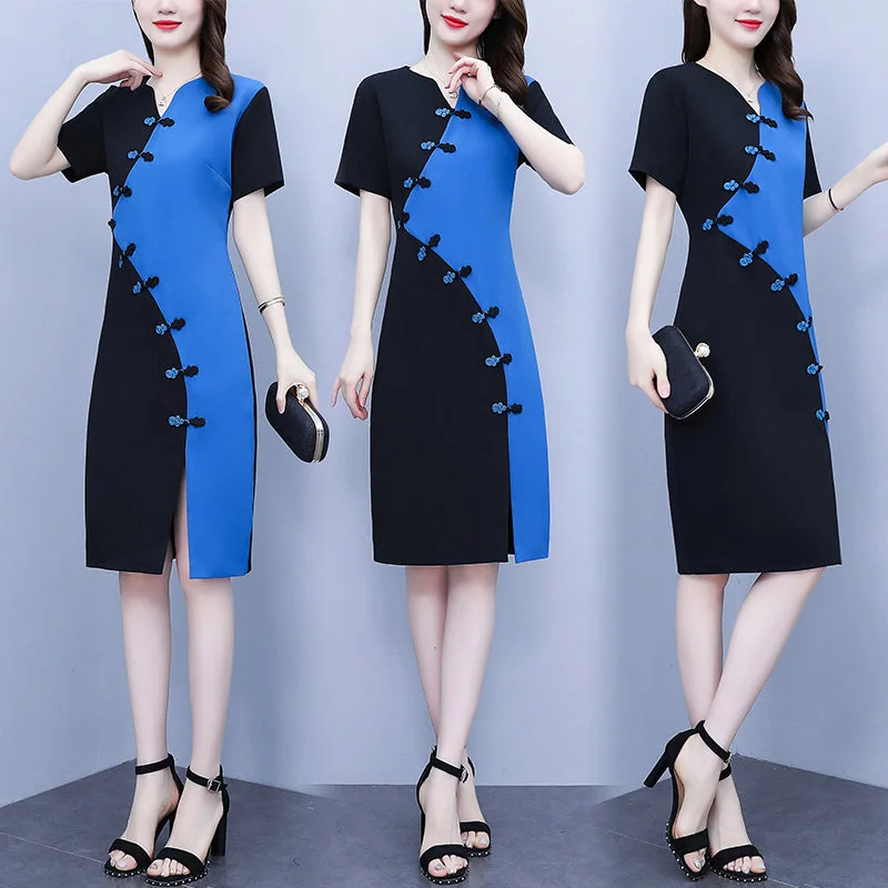 Plus size colour block blue cheongsam dress Comfy Plus Dress