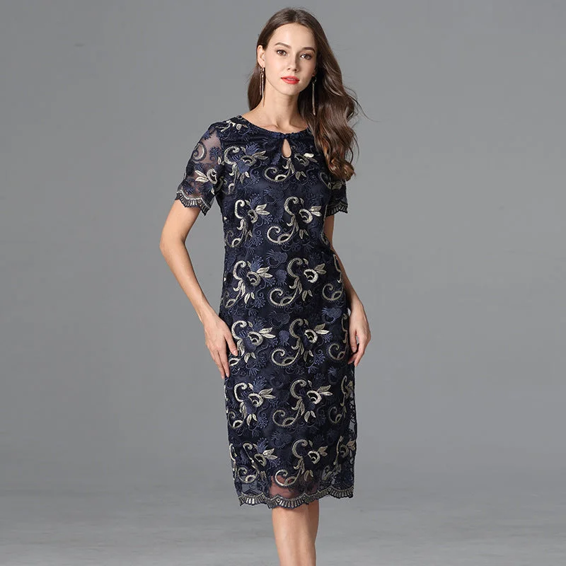 (Ready Stock 5XL Mid Sleeve - 1 Pc) Plus Size Gold Navy Blue Lace Formal Dress Formal Plus Gown