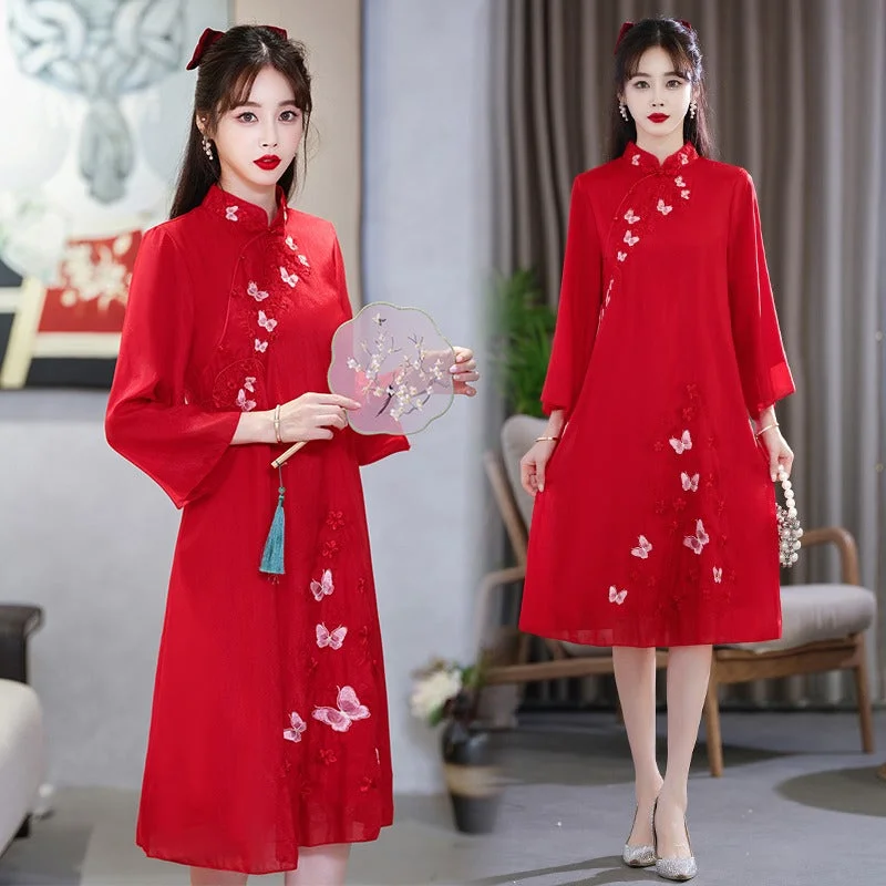 Plus size red embroidered cheongsam a line dress Bold Plus Size