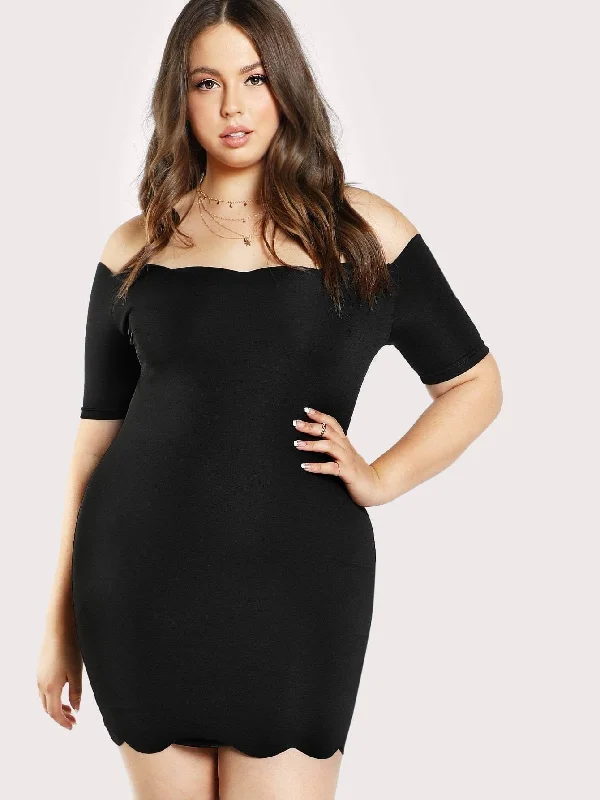 Plus Scalloped Trim Off the Shoulder Bodycon Dress Trendy Bodycon Gown