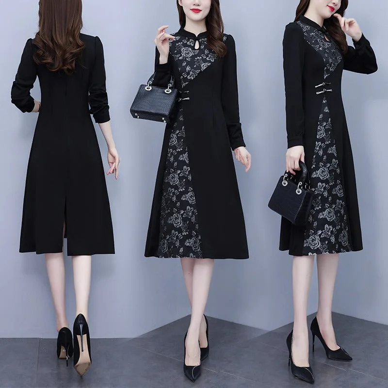 Plus size black rose formal cheongsam long sleeve dress Sexy Plus Dress