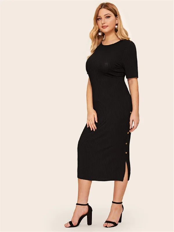 Plus Side Button Rib-knit Bodycon Dress Bodycon Evening Dress