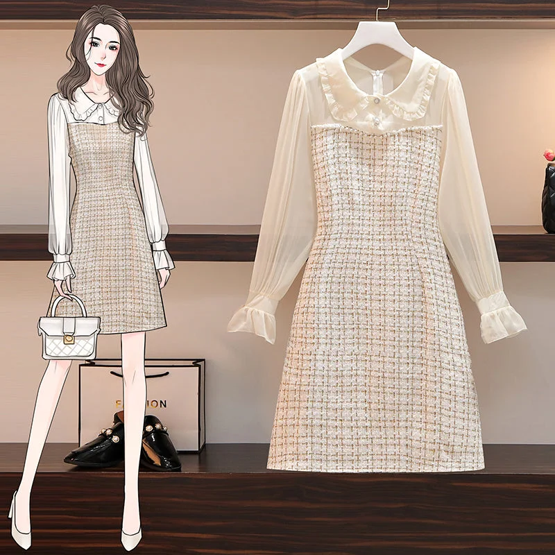 Plus Size Chanelesque Tweed White Long Sleeve Dress Plus Size Slit