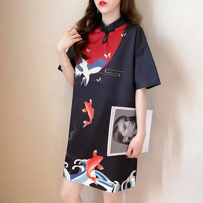 Plus Size Modern Oriental Print Cheongsam Dress Plus Size Belted