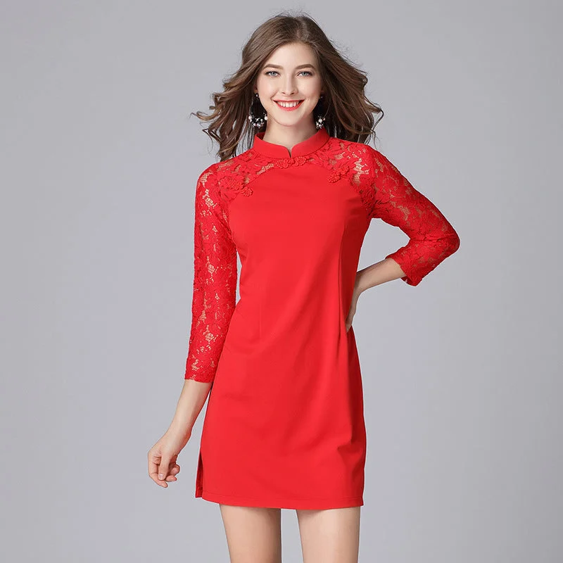 (Ready Stock XL - 1 Pc) Plus Size Red Lace Mid Sleeve Cheongsam Dress Plus Size Long