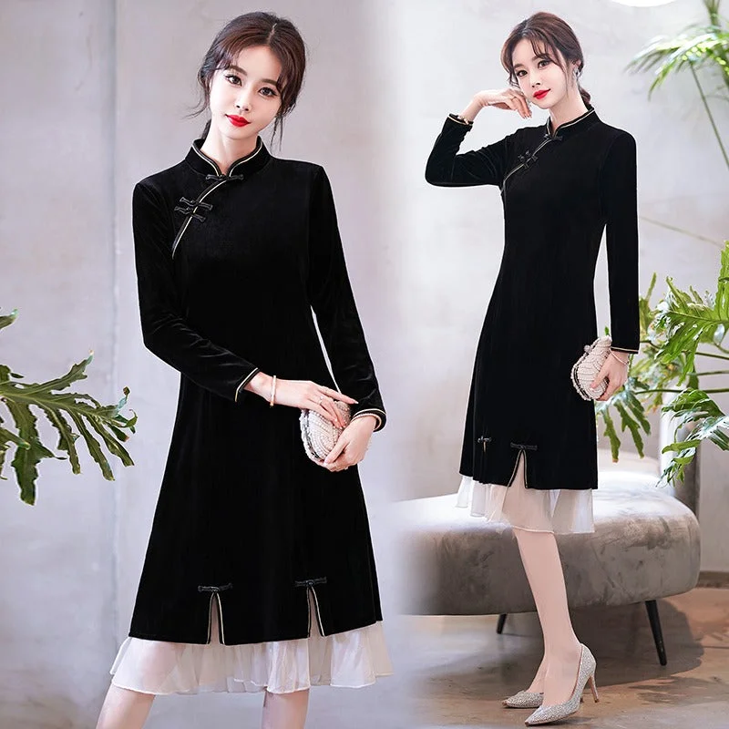 Plus size black organza formal cheongsam long sleeve dress Trendy Plus Size