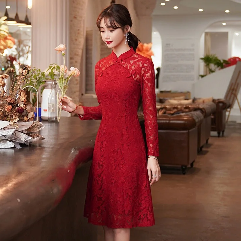 Plus size red lace cheongsam long sleeve dress Formal Plus Dress