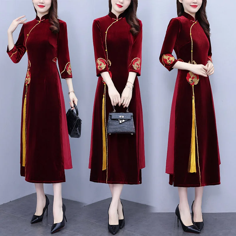 Plus size velvet formal long sleeve cheongsam dress Plus Size V-neck