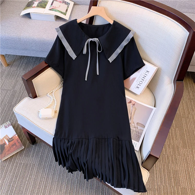 Plus Size Korean Pleat Ribbon Dress Elegant Plus Size