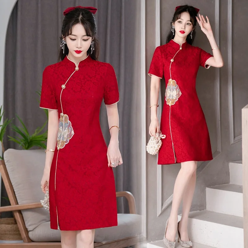 Plus size red embroidery vintage formal cheongsam dress Plus Size Gown