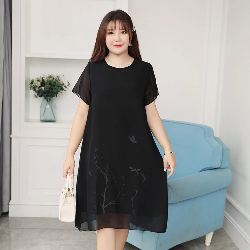 Plus size black nature chiffon dress Plus Size Embroidered