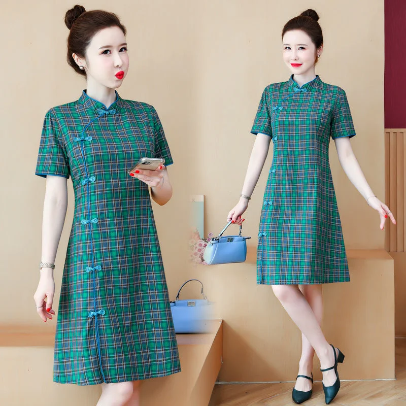 Plus size green vintage checks casual cheongsam dress Plus Size Luxe