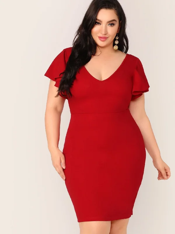  Plus Zip Back Ruffle Trim Bodycon Dress Classic Bodycon Dress