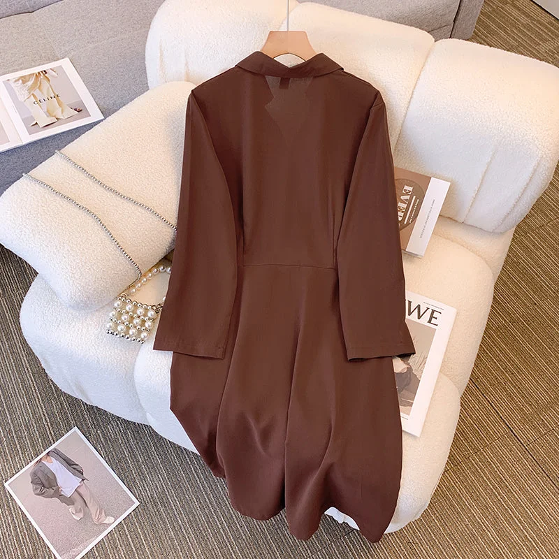 Plus Size Brown Pleat Long Sleeve Shirt Dress Plus Size Luxe