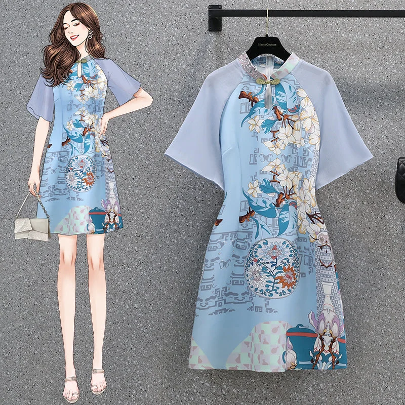 Plus size blue oriental print cheongsam dress Plus Size Off-shoulder