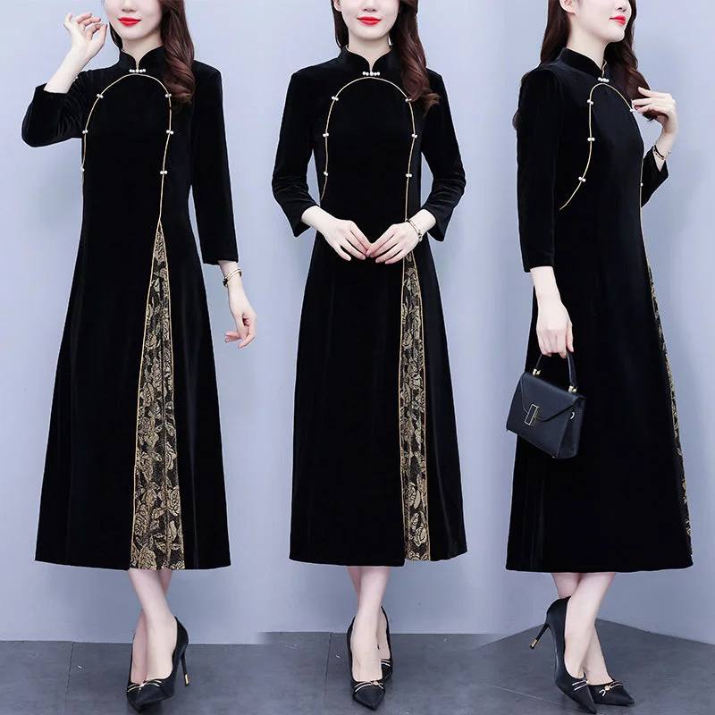 Plus size gold lace velvet formal long sleeve cheongsam dress Plus Size Cocktail