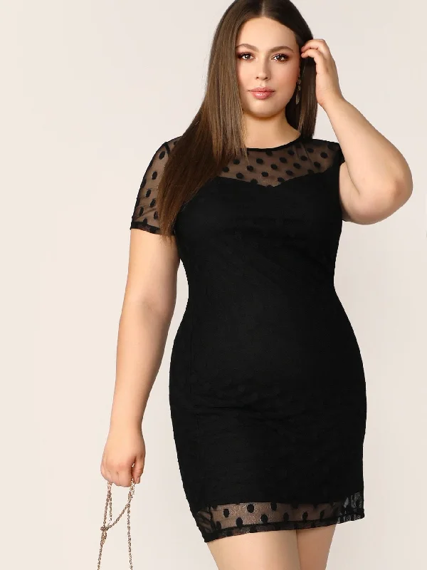  Plus Polka Dot Mesh Yoke Trim Bodycon Dress Elegant Bodycon Gown