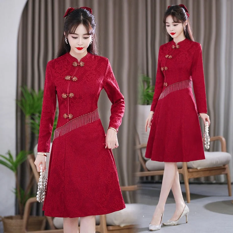 Plus size gold accent red formal cheongsam long sleeve dress Comfortable Plus Dress