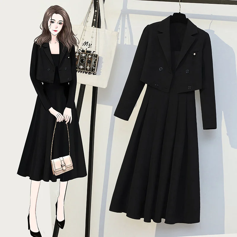 Plus Size Black Crop Blazer and Pleat Camisole Dress Set Simple Plus Dress