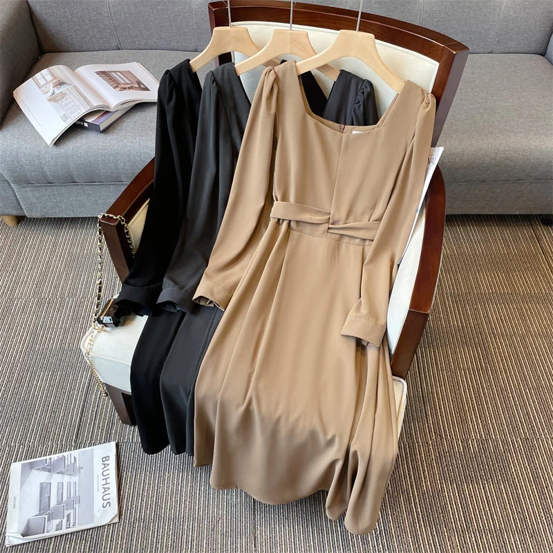 Plus Size Square Neck Korean Long Sleeve Dress Plus Size Colorblock