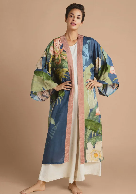 Powder Delicate Tropics Kimono Gown, Indigo Best pajama sets for hot sleepers