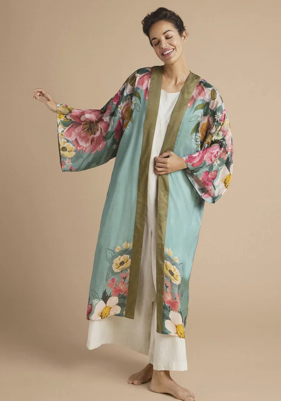 Powder Impressionist Floral Kimono Gown, Teal Best pajama sets for lounging