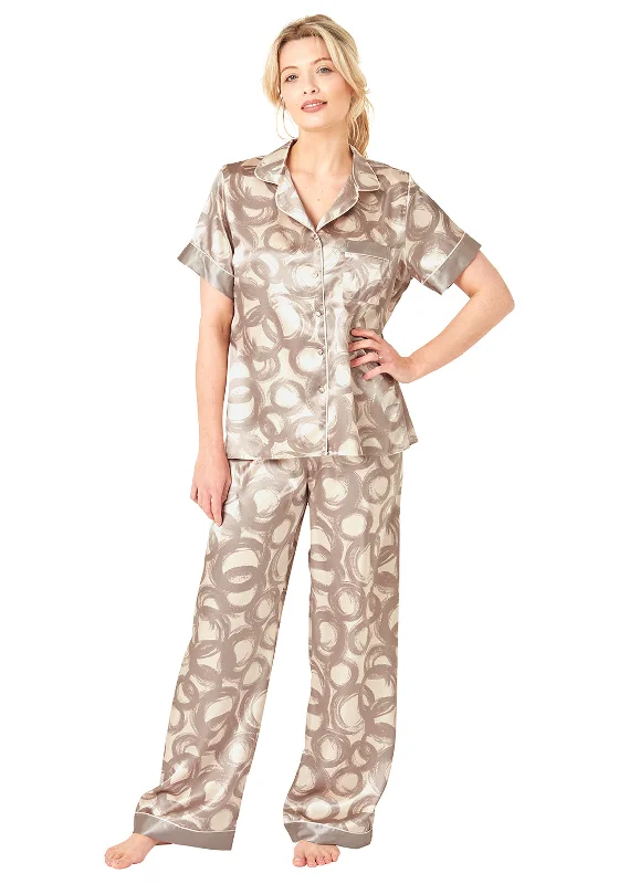 Indigo Sky Ring Print Satin Pyjama Set, Mink Best pajama sets for lounging