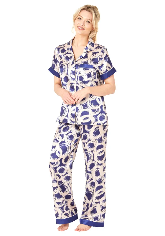 Indigo Sky Ring Print Satin Pyjama Set, Navy Custom pajama sets with names