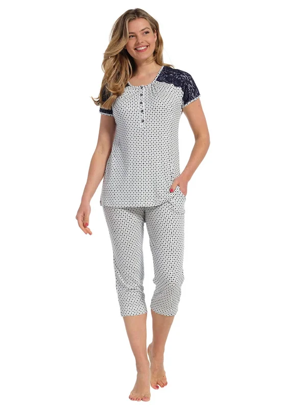 Pastunette Deluxe Print and Lace Capri Pyjama Set, White and Navy Short sleeve pajama sets