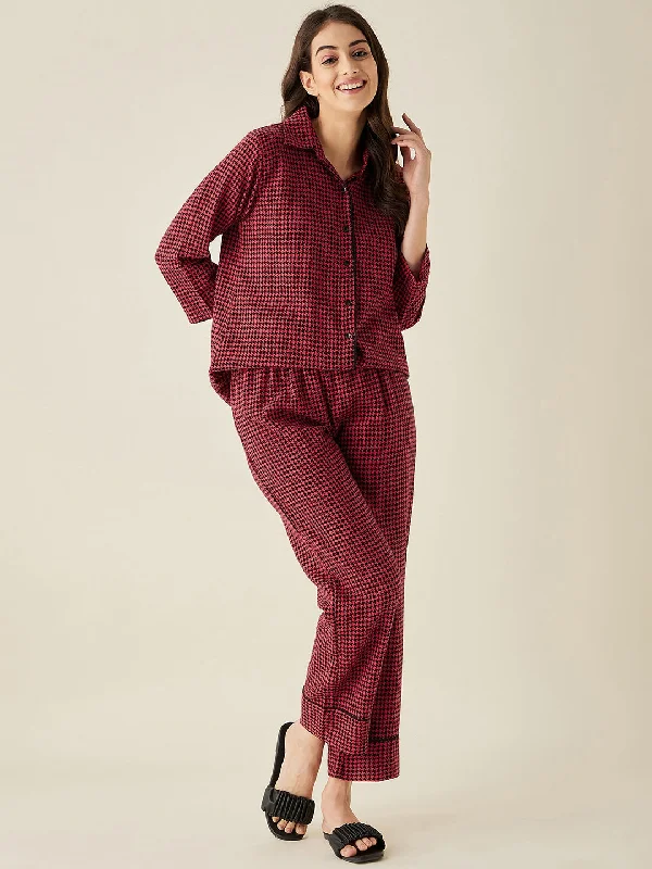 Red Herringbone Cotton Pyjama Set - The Kaftan Company Vintage pajama sets