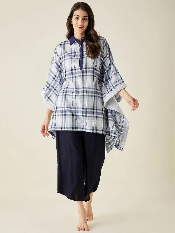 White And Blue Checks Lounge Set - The Kaftan Company Spring pajama sets