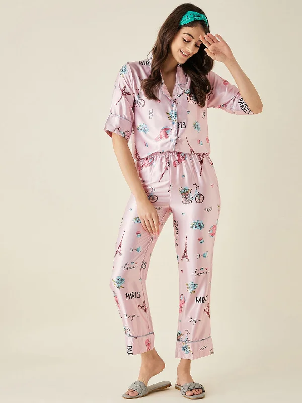 Pink Parachute Satin Pyjama Set  - The Kaftan Company Linen pajama sets