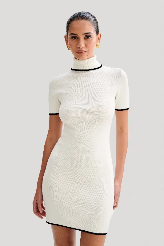 Hayley Turtleneck Contrast Knit Mini Dress - Ivory Denim mini dresses