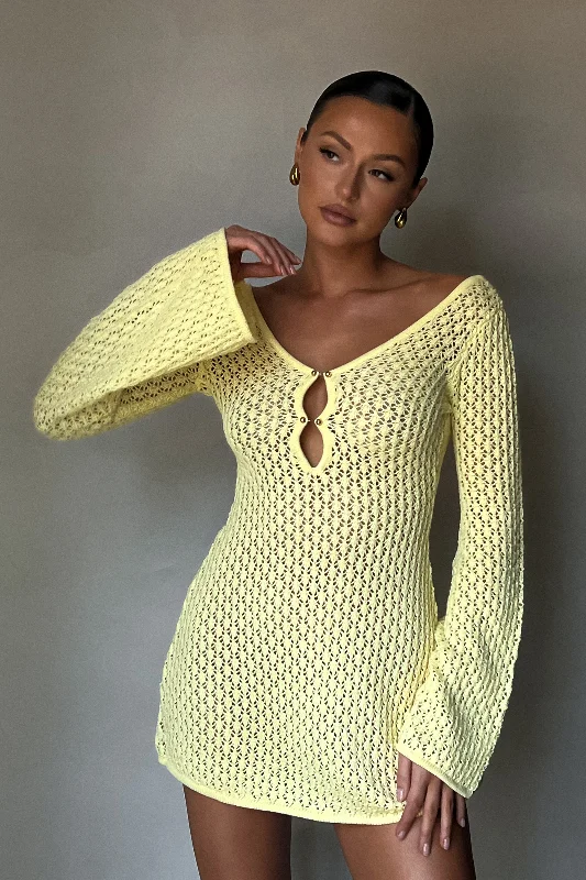 Kayleigh Crochet Knit Mini Dress - Lemon Best mini dresses for hourglass body shape