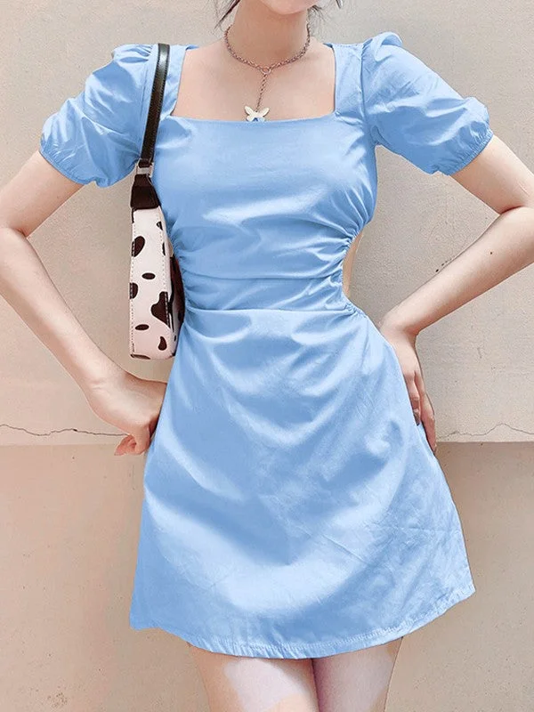 Ruched Cutout Puff Sleeve Mini Dress Vintage mini dresses