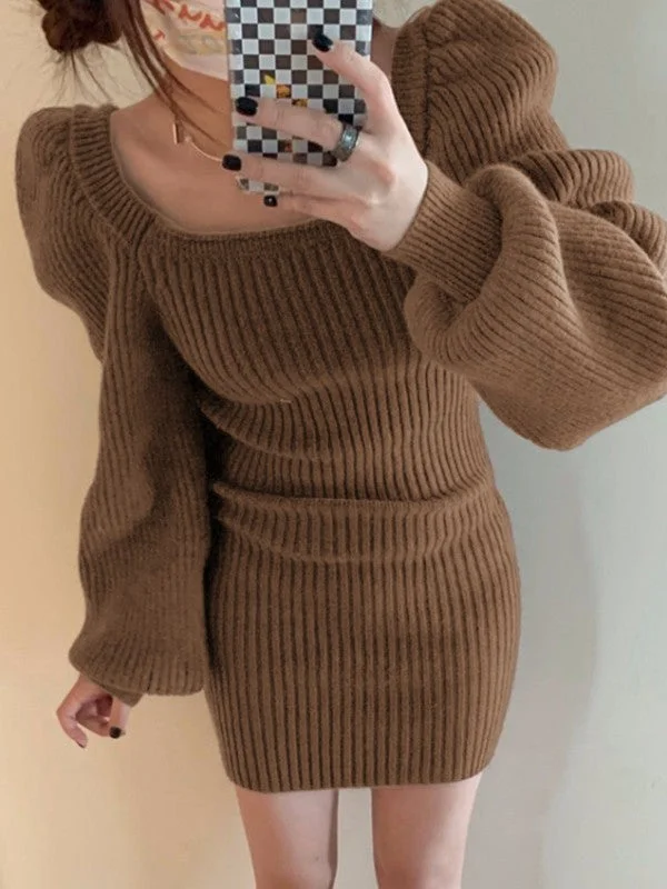 Puff Sleeve Brown Ribbed Knit Mini Dress Knitted mini dresses