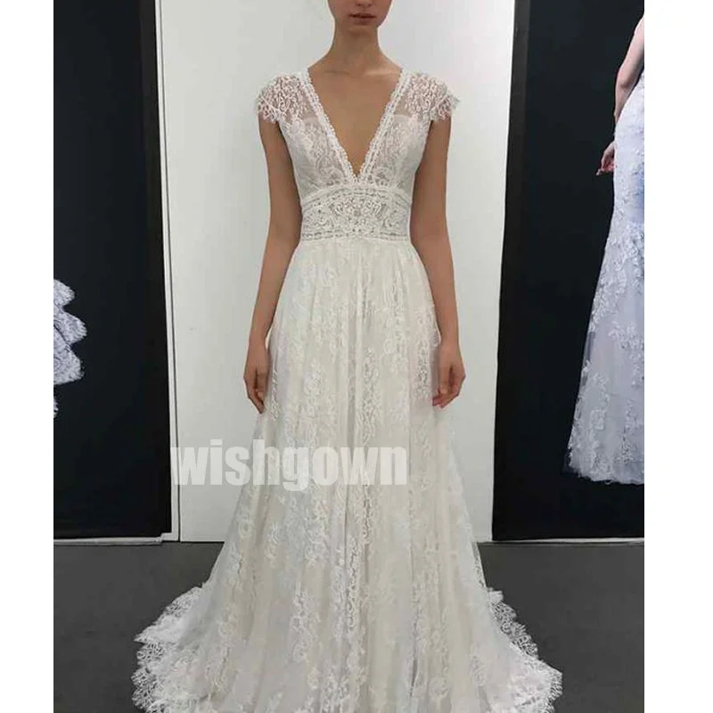 A-line Short Sleeve V-neck Lace Long Wedding Dresses WDH013 Sparkle Bridal Dress