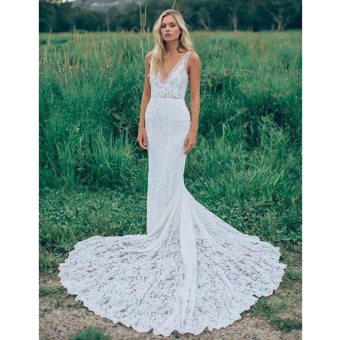 Affordable Mermaid Lace V Neck Elegant V Back Long Wedding Dresses, BW156 Simple Wedding Gown