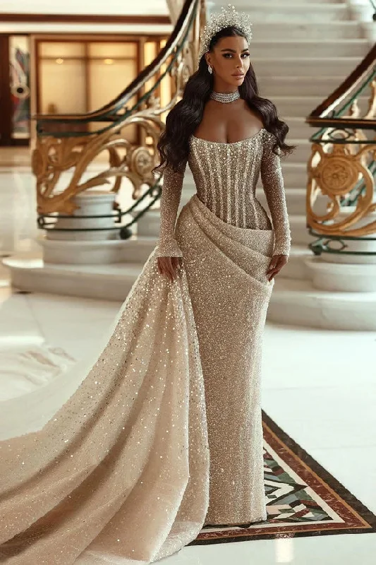 Champagne Long Sleeves Mermaid Sequin Wedding Dress Pleated Lace Train Dress