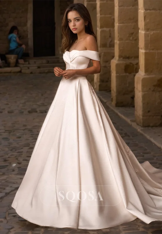 A-Line Sweetheart Off-Shoulder Bride Dress Applique Cutout Wedding Dress with Train Ball Gown Wedding