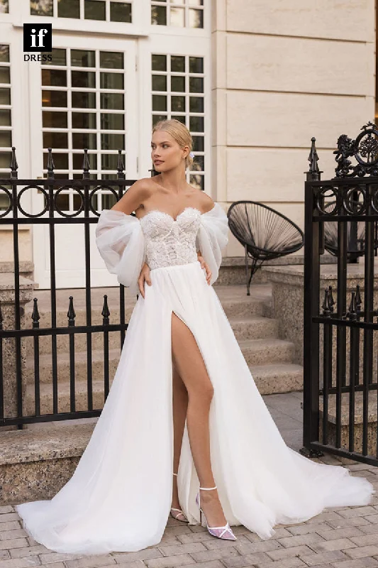 71073 - Off Shoulder Sweetheart A-Line Slit Bohemian Wedding Dress Sparkling Bridal Gown