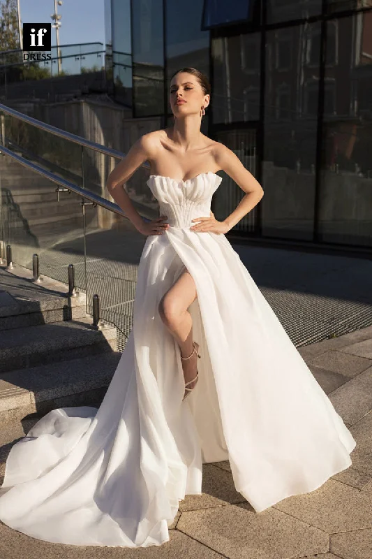 71074 - Off Shoulder A-Line Side Slit Ruched Boho Wedding Dress Simple Satin Gown