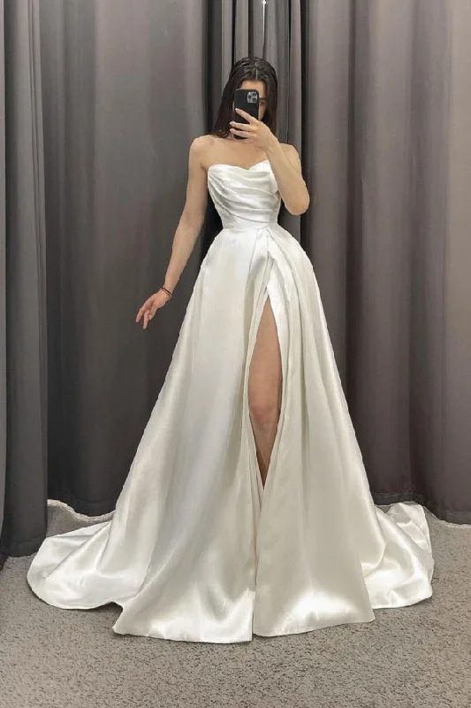 Elegant A-Line Off-the-Shoulder Sweetheart Wedding Dress Satin With High Split Sleeveless Bridal Gown