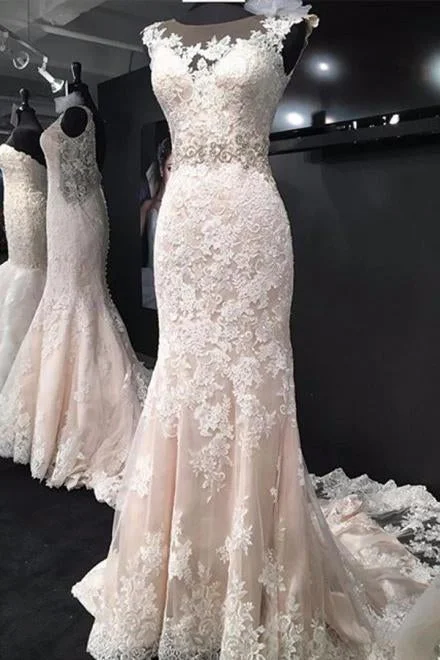 Elegant Bateau Sleeveless Court Train Mermaid Lace Appliques Wedding Dresses WK150 Chic Wedding Gown