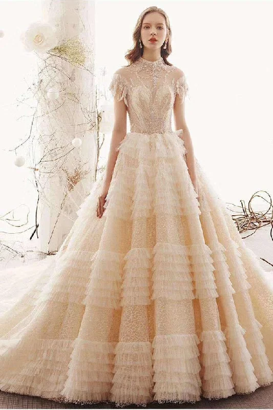 Elegant High Neck Ball Gown Wedding Dresses Short Sleeve Quinceanera Dresses WK773 Full Skirt Gown