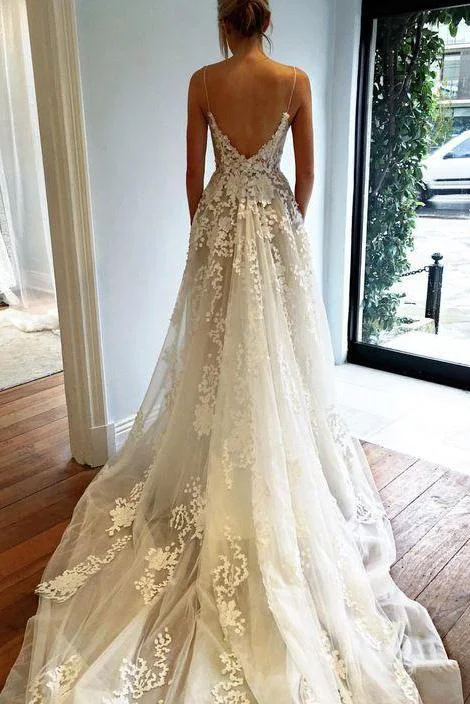 Elegant Ivory Spaghetti Straps Tulle Lace V Neck Wedding Dresses With Pockets WK718 Mermaid Lace Gown